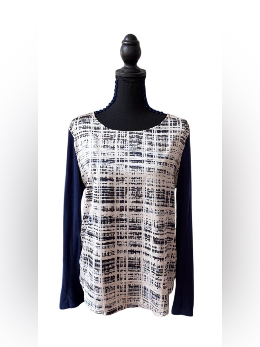 Ann Taylor Navy-Sleeve White Grid Print Top